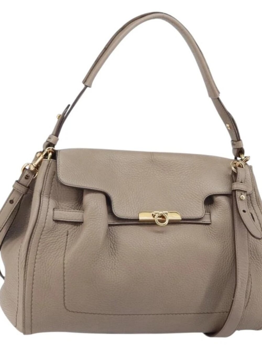 Salvatore Ferragamo Gancini Hand Bag Leather 2way Beige Gold Auth 161535